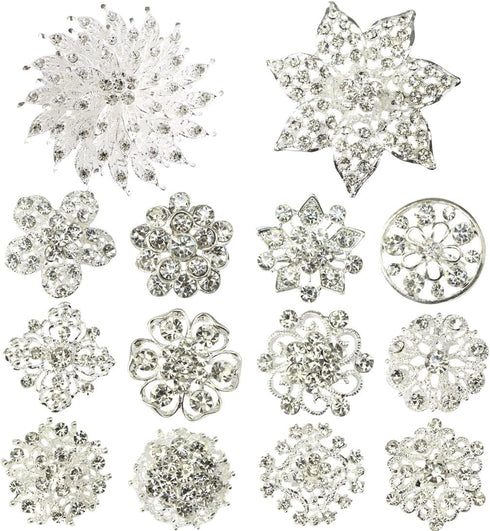 kilofly 14pc Bridal Rhinestone Crystal Flower Bouquet Corsage Wedding Brooch Pin...