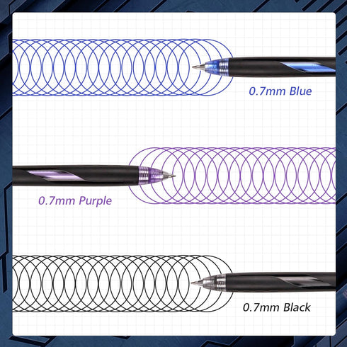 WRITECH Retractable Gel Ink Pens: Low Center of Gravity 0.7mm Multicolor Medium Point with Refills Silent Click No Smear Pen Black Blue Purple 3ct...