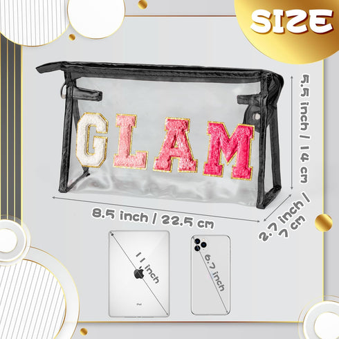 Preppy Patch Cosmetic Bag - Summer GLAM Chenille Varsity Letter Toiletry Bag Transparent PVC Zipper Makeup Bag Waterproof Portable Travel Beach Ba...