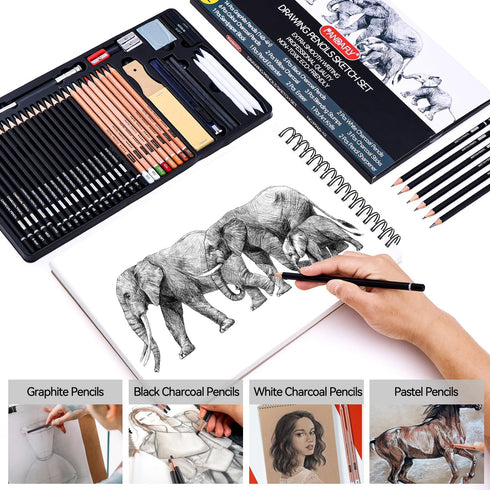 PANDAFLY Drawing Sketching Pencil Set, 42 Pack Pro Art Pencil Kit with Graphite Pencils (14B-4H), Charcoal Pencil, Ideal for Shading, Blending, Dr...