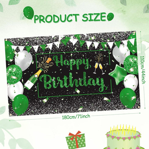 Green Silver Black Happy Birthday Banner Decorations - Champagne Glass Balloons Photo Booth Background for Men Women Party Supplies 73 x 44 Inch...