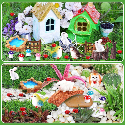 Wooden Pile Spring Garden Miniature Figurines Fairy Village Accessories Mini Animal Sets Micro Landscape Pond Mushroom Bridge Tree Ornament for Sp...