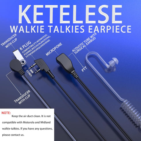 Walkie Talkie Earpiece with Mic, 2 Pin Air Acoustic Tube Surveillance Headset, Two Way Radio Earpiece with PTT/VOX, Security Earpiece Compatible w...