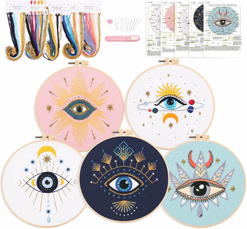 Harimau 5pcs Beginner Embroidery Kit,Eye Pattern,Cross Stitch Kits, Including Stamped Embroidery Cloth with 2 Embroidery Hoops, Multicolor Color T...