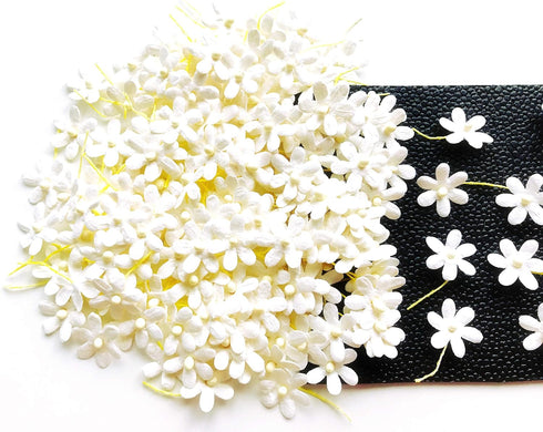 PL Set of 50 Tiny White Flowers Embellishment with Thread stem Size 0.55" Mulberry Paper Flowers Craft Supplies Scrap Booking Embellishments for s...