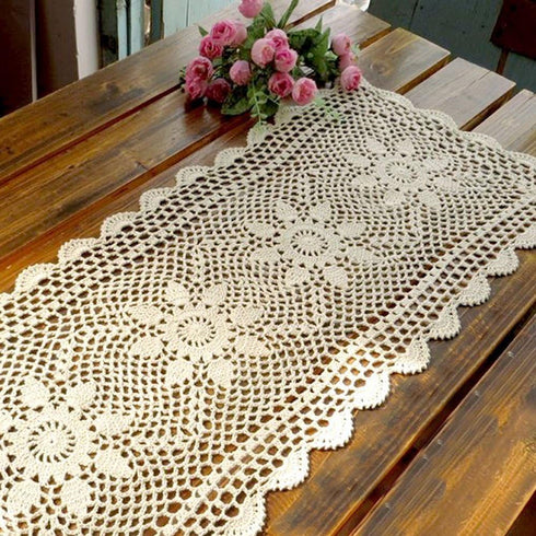 KEPSWET Sunflower Cotton Handmade Crochet Lace Rectangle Table Runner Coffee Table Decor (14x60 inch, Beige)...