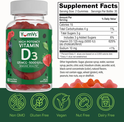 Vitamin D3 Jellies by YumV's | Vitamin D 5000 IU | Daily Dietary Supplement for Men and Women | Mixed Berry Flavor Chewable Jellies | Vegetarian, ...