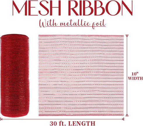 MEEDEE Red Metallic Mesh Red Deco Mesh 10 Inch Red Mesh Ribbon for Christmas Tree Red Mesh for Wreaths Decorative Mesh Wreath Supplies Garland Sta...