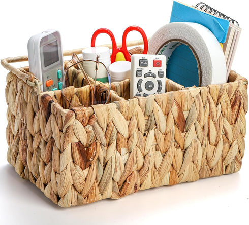 Wicker Flatware Organizer, Woven Divided Utensil Caddy, Water Hyacinth Cutlery Holder, Picnic Silverware Flatware Storage Basket Carrier with Hand...