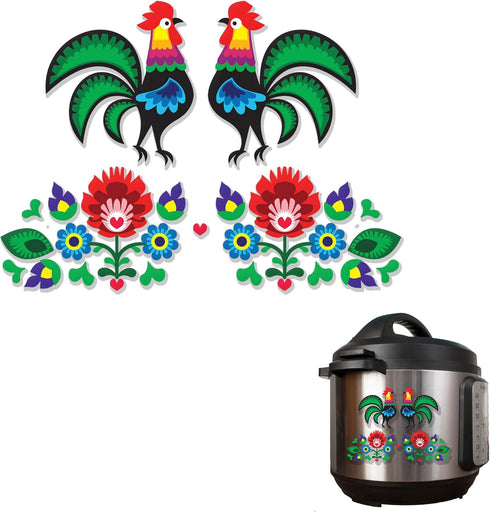 Dutch Folk Art Flowers and Rooster Full Color Vinyl Decal Pack 2 -Sided Wrap Sized To Fit an Instant Pot...
