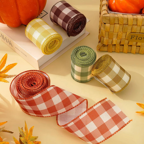 Fall Plaids Wired Edge Ribbon 30 Yards Gingham Patterned Ribbon Autumn Color Buffalo Plaids Fabric Craft Ribbon for Thanksgiving Wreath Bow Making...