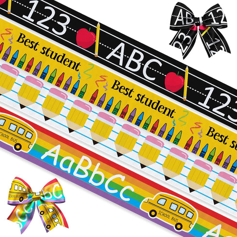 4 PCS Back to School Grosgrain Ribbons 3/4" School Decor Ribbons 5 Yards, School Bus Pencil Crayon Craft Ribbons for First Day of School Party Fav...