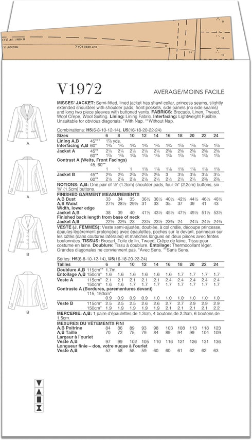 Vogue Misses' Semi-Fitted and Lined Jacket Sewing Pattern Kit, Design Code V1972, Sizes 16-18-20-22-24...
