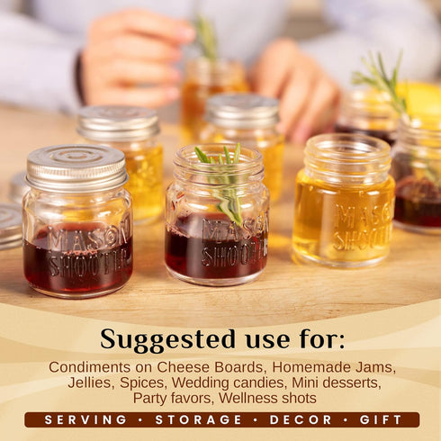 Small Mason Jar Shot Glasses with Lids (8 Pack) Tiny 2 oz Glass Jars with Lids, Ginger & Wellness Mini Shot Bottles, Juice, Tequila, Alcohol, Moon...