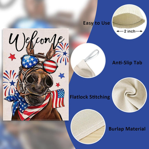 Welcome 4th of July Donkey Patriotic Decorative Flag, America Stars Stripes Firework Garden Yard Outside Decorations, American USA Outdoor Large H...