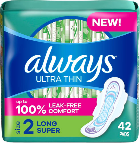 Always Ultra Thin Pads with Wings, Size 2, Long Super, 42 Count...