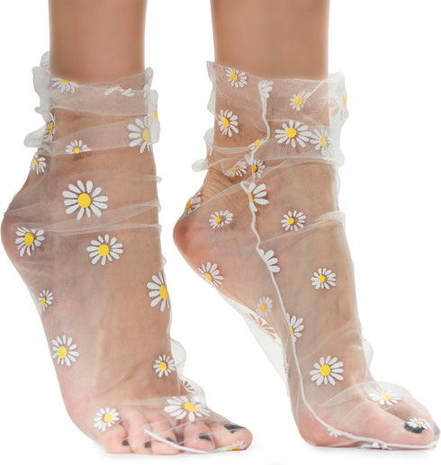 Seashell White Translucent Daisy Socks Women Fashion Sheer Socks - See Through Mesh Socks for Women - Floral Tulle Socks (US sizes 5-8)...