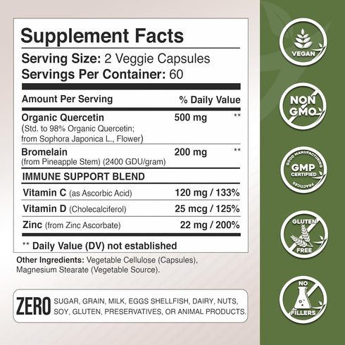 Organic quercetin, Quercetin with Bromelain, quercetin supplements 500mg, quercetin with vitamin c and zinc, Bioflavonoids for Healthy Immune Supp...