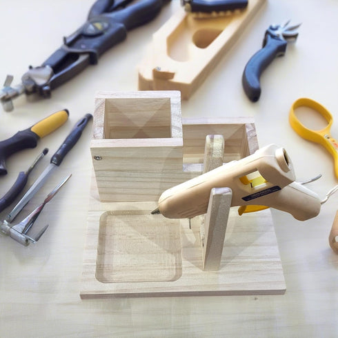 Mini Hot Glue Gun Holder with Glue Stick Organizer, 1 Hot Glue Gun Stand and 2 Storage Boxes, Wooden Hot Glue Gun Kit Storage Compartments, for DI...