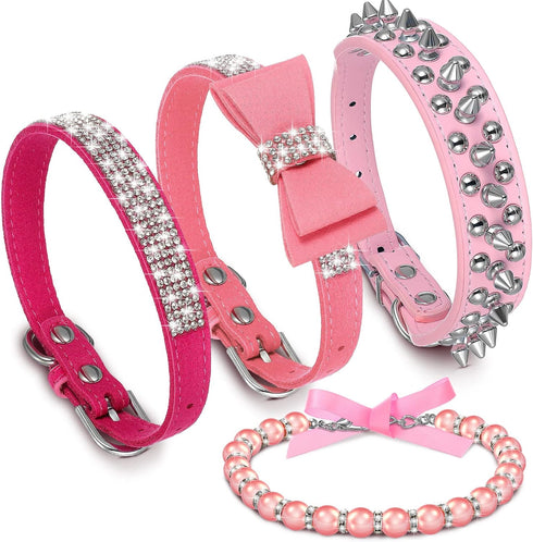 4 Pcs Pink Dog Collar Spiked Studded Dog Collars Pearls Dog Necklace Dog Collar with Rhinestone Bow Knot Crystal Diamond Colorful Flower Bling Gir...