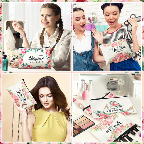 16 Pcs Canvas Cosmetic Bag Bulk Inspirational Quotes Makeup Bags with Zipper Encouragement Travel Toiletry Pouch Appreciation Gift for Christmas W...