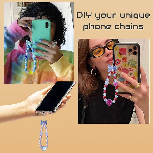 SHUANGART 252 Pcs Phone Chain Beaded Making kit, Cell Phone Charms Lanyard Wrist Strap Set with Acrylic Assorted Pastel Beads Butterfly Flower Hea...