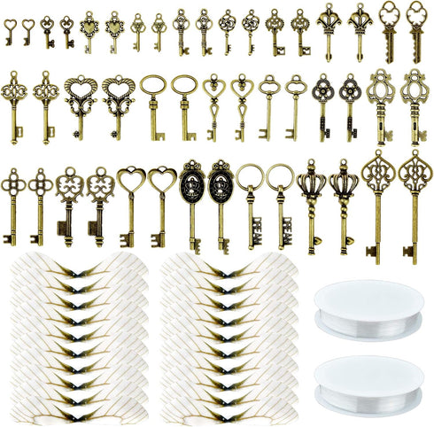 46 PCS Vintage Skeleton Keys Charms Flying Keys With 50 Pairs Dragonfly Wings and 52 Yards Fishing Line For Jewelry Making DIY Craft...