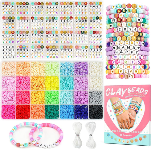 Dowsabel Friendship Bracelet Kit, 28 Colors Clay Beads Letter Beads Bracelet Making Kit, 4 Styles of Round Alphabet Beads with Number, Heart Beads...