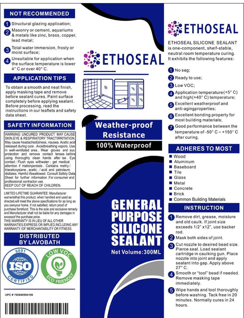 Clear EthoSeal Waterproof Caulk & Sealant 100% RTV Silicone Sealant, 10oz Cartridge, Zero Odor & Won't Yellow Silicone Clear...