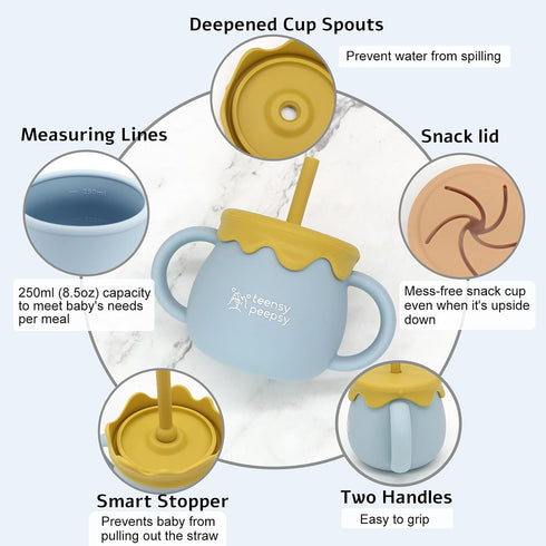 Honey Pot 2-in-1 Silicone Training Cup 8.5oz, Baby Sippy Cup with Straw & Snack Cup for 6 months+ Straw Cup for Baby Boy Gift, Toddler Smoothie Cu...