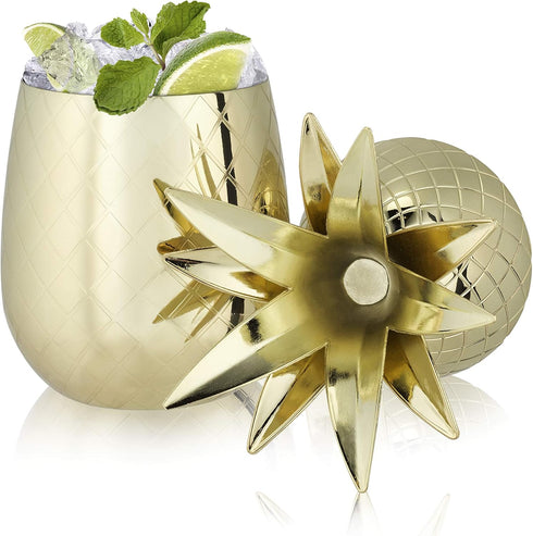 Viski Gold Pineapple Tumbler with Lid for Mai Tais, Tiki Drinks, and Craft Cocktails, Tumbler Cup, Stainless Steel with Gold Plating, 16 Oz Set of...
