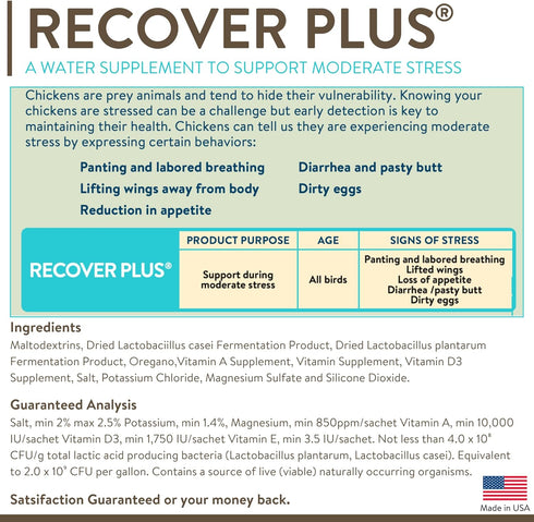 Recover Plus Moderate Stress Probiotic Water Supplement for Chickens with Electrolytes & Oregano, 8 oz...