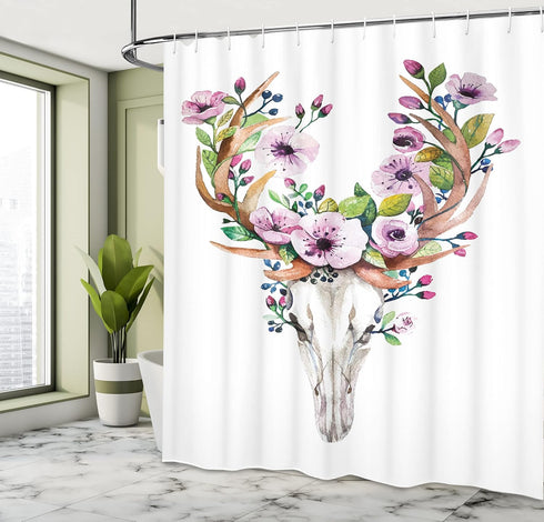 Ambesonne Skull Shower Curtain, Deer Animal Skull with Floral Horns Nature Inspired Dead and Living Art Print, Cloth Fabric Bathroom Decor Set wit...