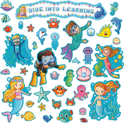 49 Pieces Ocean Beach Theme Classroom Bulletin Board Decoration Sets Dive Into Learning Bulletin Board Sea Animal Jeweled Fish Cutouts Divers Cuto...