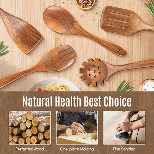 5 PCS Wooden Spoons for Cooking Natural Teak Kitchen Utensils Smooth Non-Stick Surface Cooking Utensils Set Soft Comfort-Grip Wooden Utensils for ...
