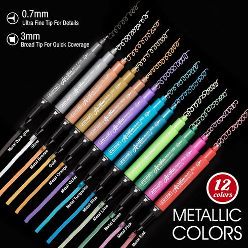 ZEYAR Acrylic Paint Pen, Needle Extra Fine and Chisel Point, 12 Metallic Colors, Waterproof Ink, Works on Rock, Wood, Glass, Metal, Ceramic and Mo...