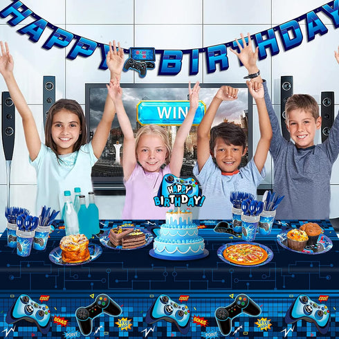 Video Game Rectangular Tablecloth, 3 Pcs Blue PE Plastic Disposable, 54'' x 108'', for Boys Gamer Birthday Party Decorations...