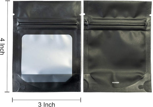 HANSER | Smell Proof Odorless Mylar Resealable Foil Pouch Bags with clear Window | Stand up bottom | Airtight | matte black | 100 Pieces | 3x4 inc...