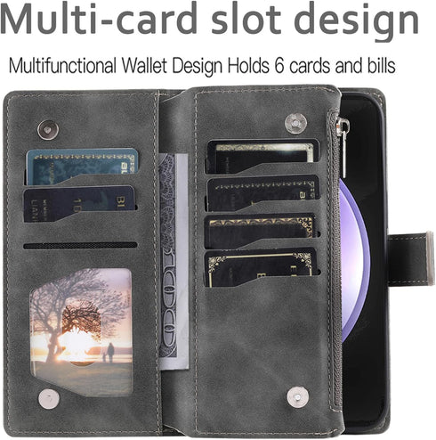 Phone Case for Samsung Galaxy S23 FE 5G Wallet Cover With Tempered Glass Screen Protector and Wrist Strap Mandala Flower Flip Zipper Credit Card H...