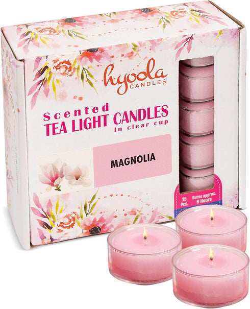 HYOOLA Scented Tealight Candles - Clear Cup - Magnolia Tealight Candles Scented - 6 Hour Burn Time - 15 Pack - European Made...