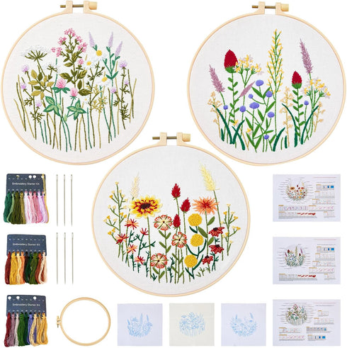 Magibeads 3 Sets Flower Leaf Water Soluble Embroidery Starter Kit Cross Stitch Patterns Crochet Kit with Embroidery Thread Fabric Instruction Knit...