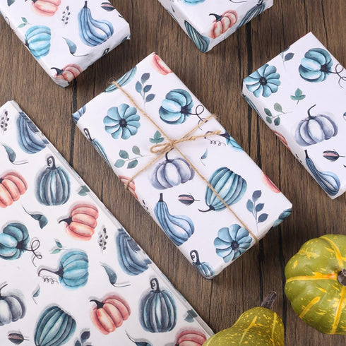 100 PCS Blue White Pumpkin Tissue Paper for Gift Wrapping, Pumpkin Pattern Tissue Paper for Blue White Thanksgiving Fall Harvest Party Decor Decou...
