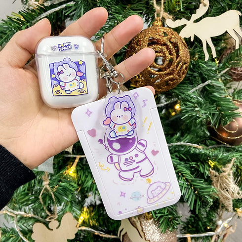 Fycyko Compatible with AirPods 2 Case Clear Cute Cartoon Rabbit Keychain Protective Cover Space Astronaut Purple Pattern Card Cover Credit Card ID...
