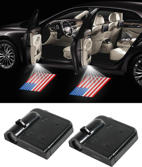 2Pcs American Flag Car Door Lights Logo Projector,Car Door LED Logo Projector Light,Car Door Welcome Logo Projector Lights,Universal Holeless Magn...