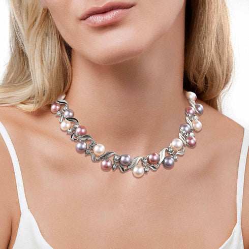 Glass Pearl Necklace and Earring Set,Collar De Perlas para Mujer,Faux Pearl Jewelry Set for Women (Silver)...