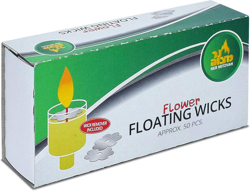 Ner Mitzvah Flower Shaped Floating Wicks - 50 Count (Approx.), Cotton Wicks and Cork Disc Holders for Oil Cups - Bonus Wick Removal Tweezers...