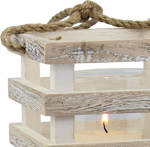 Stonebriar Small Worn White Wooden Beach House Candle Lantern with Rope Handle and Removable Glass Cylinder Hurricane...