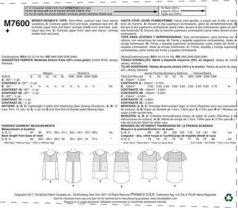 McCall's Misses'/Women's Pullover Tops With Contrast And Sleeve Variations Pattern, 18W-20W-22W-24W...