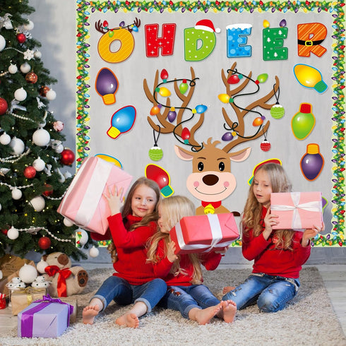 55 Pcs Christmas Bulletin Board Decoration Christmas Reindeer Bulb Classroom Bulletin Board Cutouts Sets for Xmas Party Supplies Toddler Kids Stud...