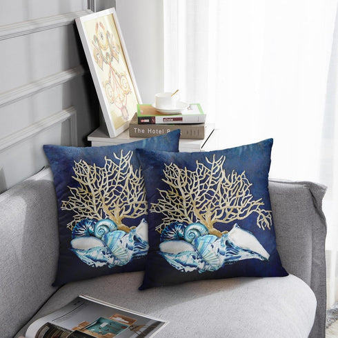 Emvency Throw Pillow Cover Blue Seashore Indigo Ocean Coral Seashells Beach House Gray Coastal Decorative Pillow Case Home Decor Square 20 x 20 In...